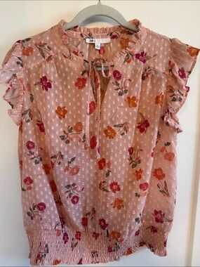 DR2 Blush Pink Floral Tie-Neck Ruffle Sleeve Blouse
